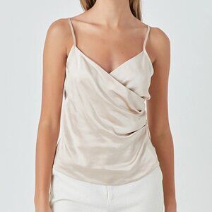NWT Endless Rose Wrap Cowl Neck Satin Top Beige Size M Spaghetti Straps Ruched